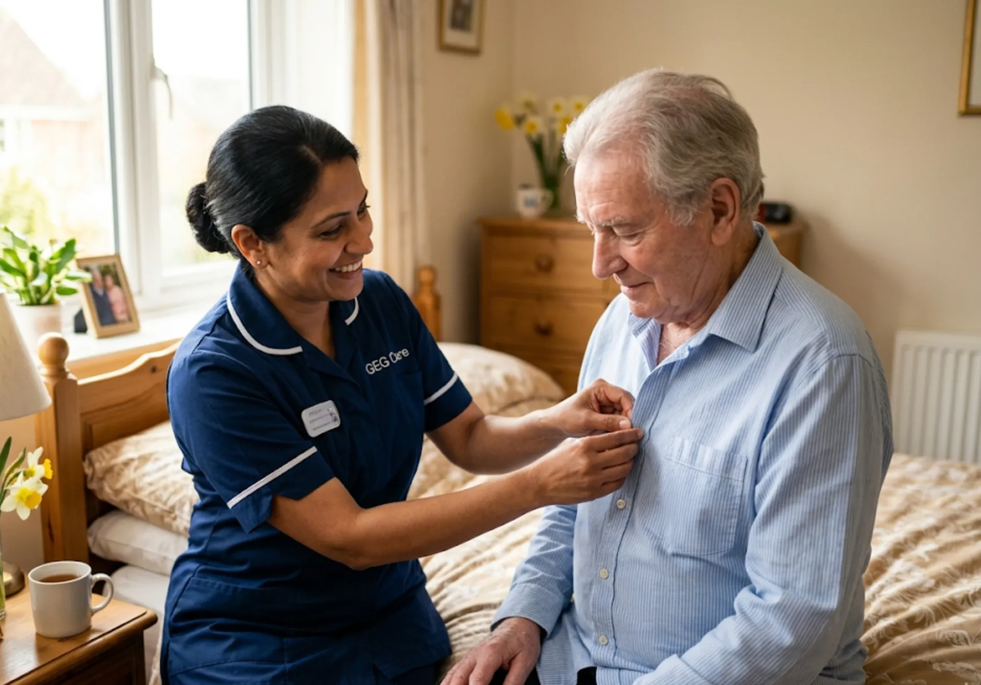 A GEG Care home carer providing compassionate personal care and morning routine support to an elderly client at home in Luton.
