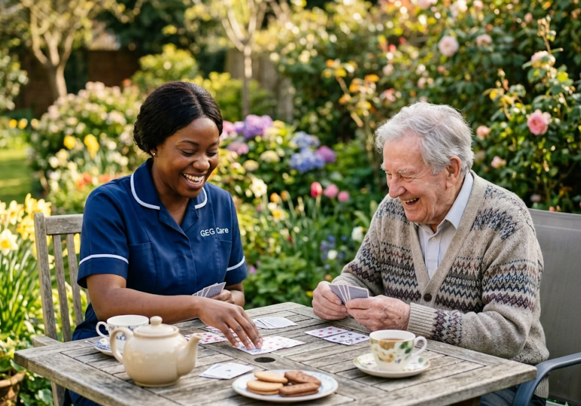 A GEG Care companion carer sharing a joyful card game with an elderly male client in the garden during a companionship home visit in Luton.