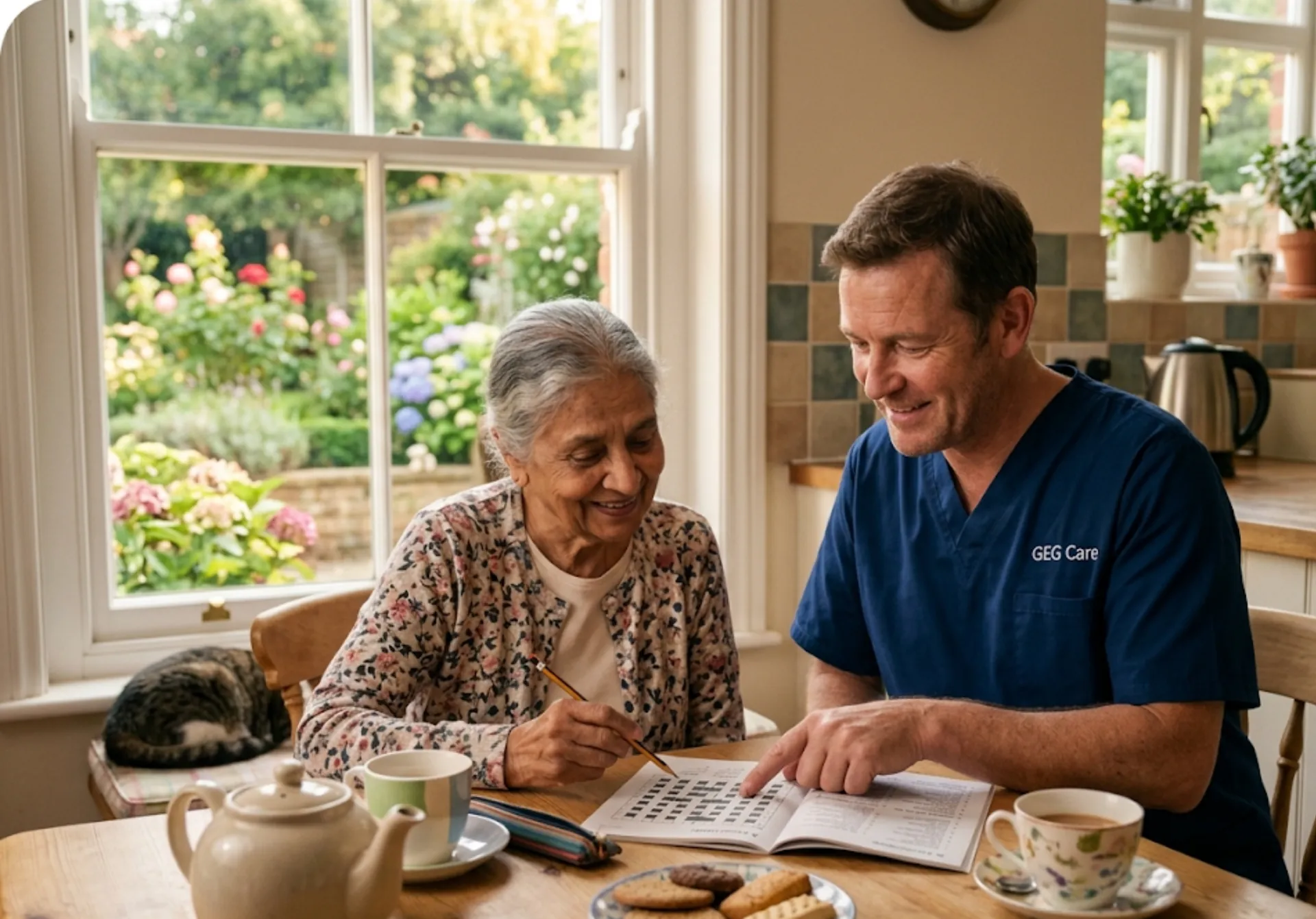 A GEG Care companion carer working on a crossword puzzle with an elderly female client at home in Luton, sharing a moment of genuine intellectual connection.