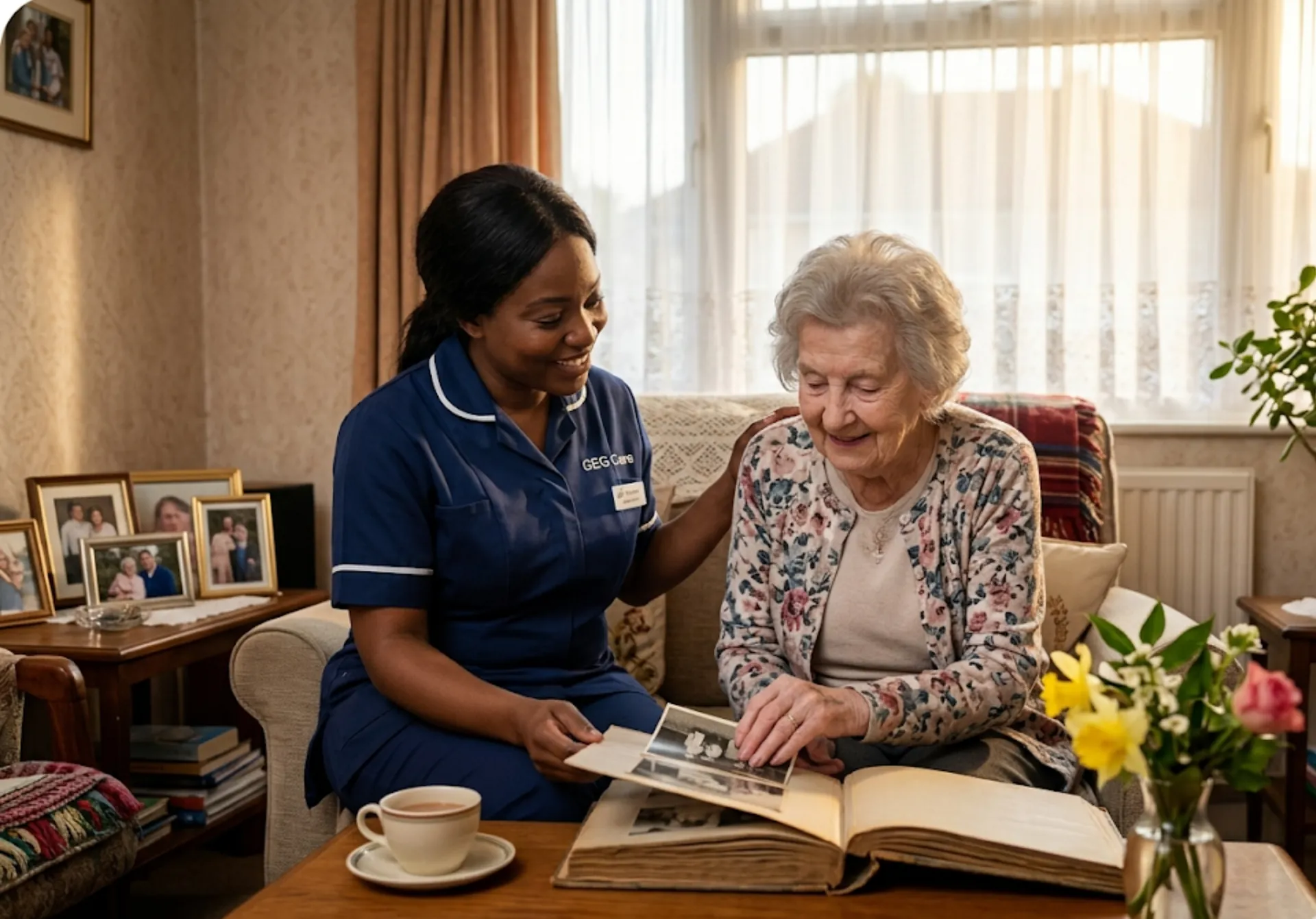 A GEG Care dementia carer engaging in a reminiscence activity with an elderly client at home in Luton, looking through family photographs together.