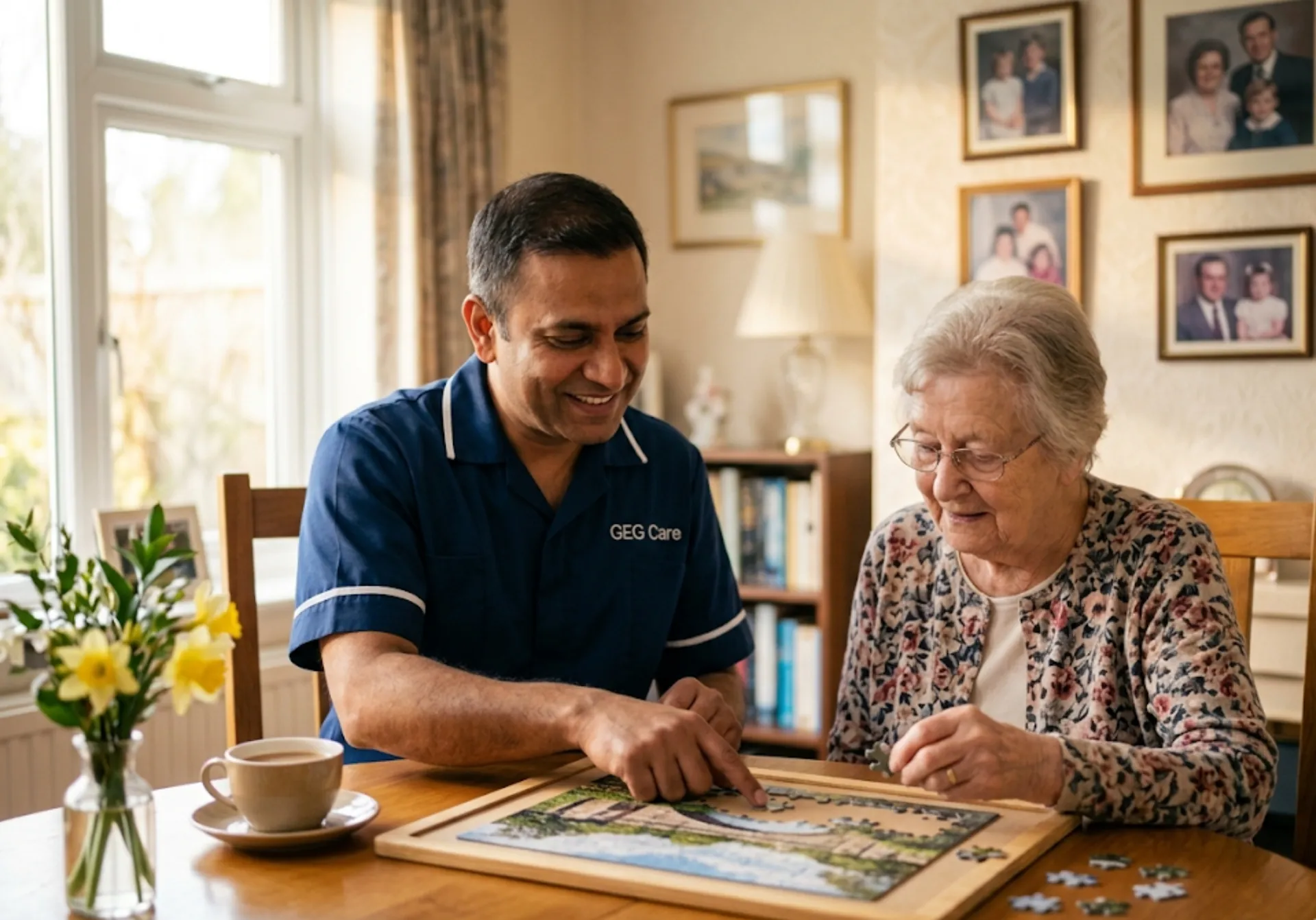 A GEG Care dementia carer supporting an elderly male client with a cognitive activity during a home visit in Luton.