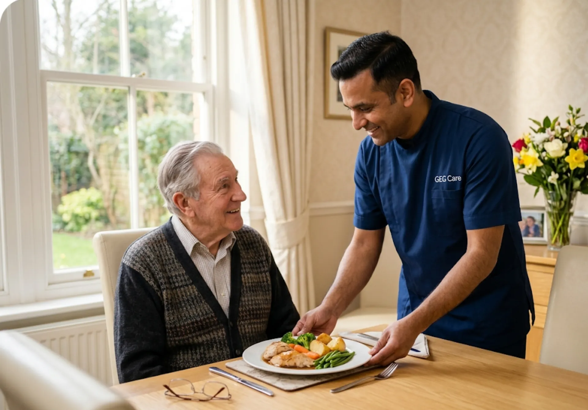 A GEG Care domestic support carer serving a freshly prepared home-cooked meal to an elderly male client at home in Luton.