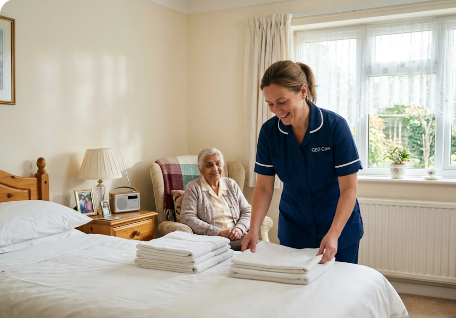 A GEG Care domestic support carer folding fresh laundry in a client's bedroom in Luton, while the elderly client relaxes comfortably nearby.