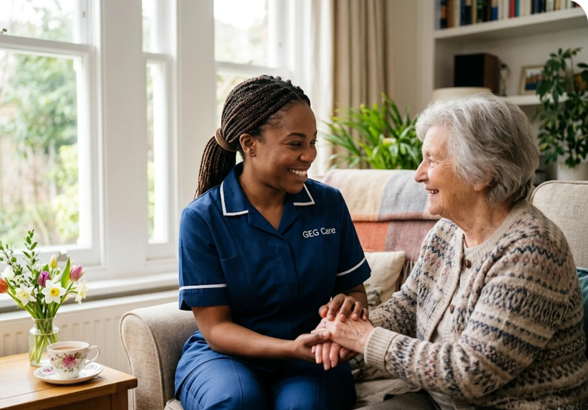A GEG Care professional carer providing compassionate one-to-one home care to an elderly client in the comfort of her own living room in Luton.