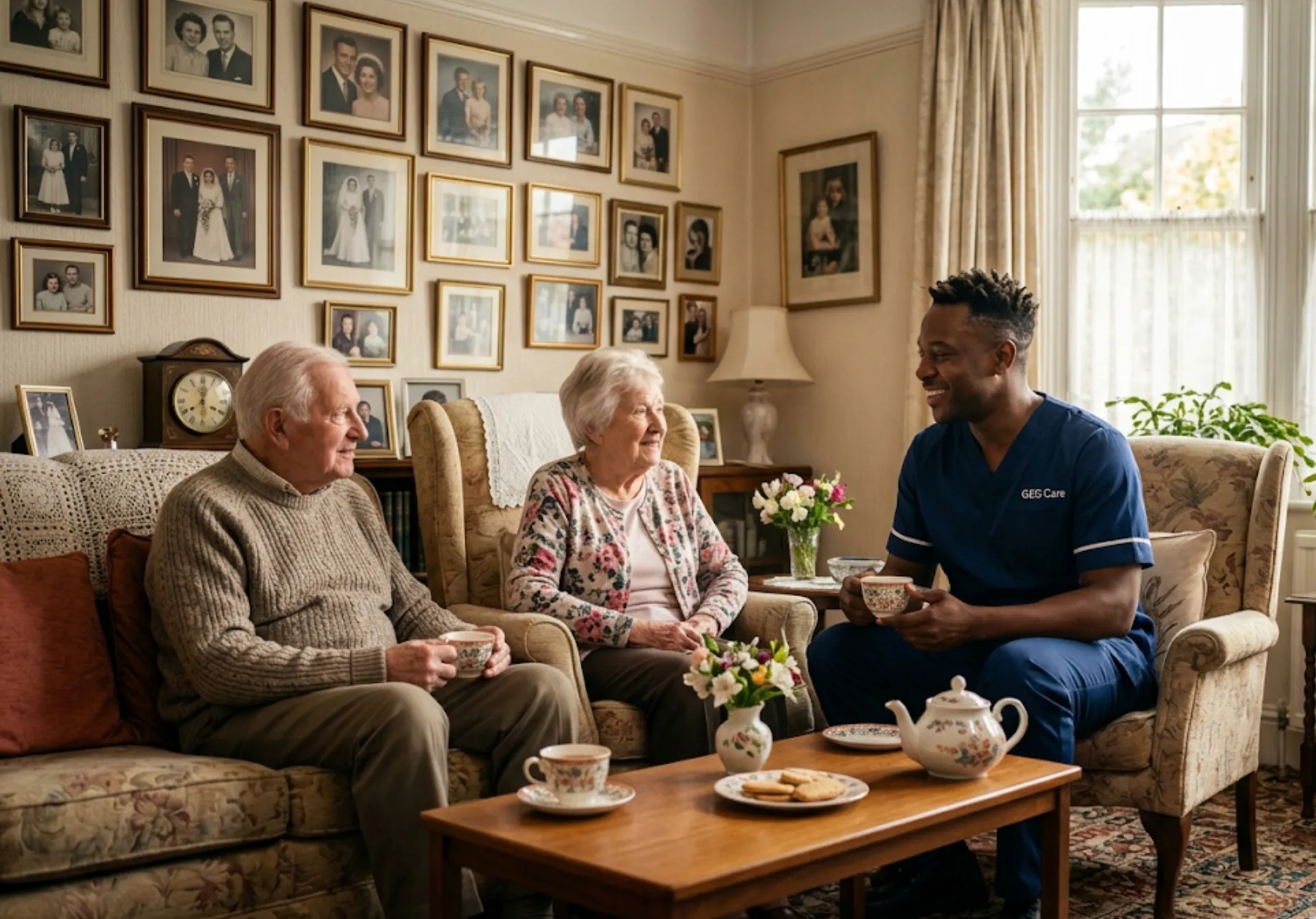 An elderly couple sitting together comfortably at home in Luton, supported by a GEG Care live-in carer.