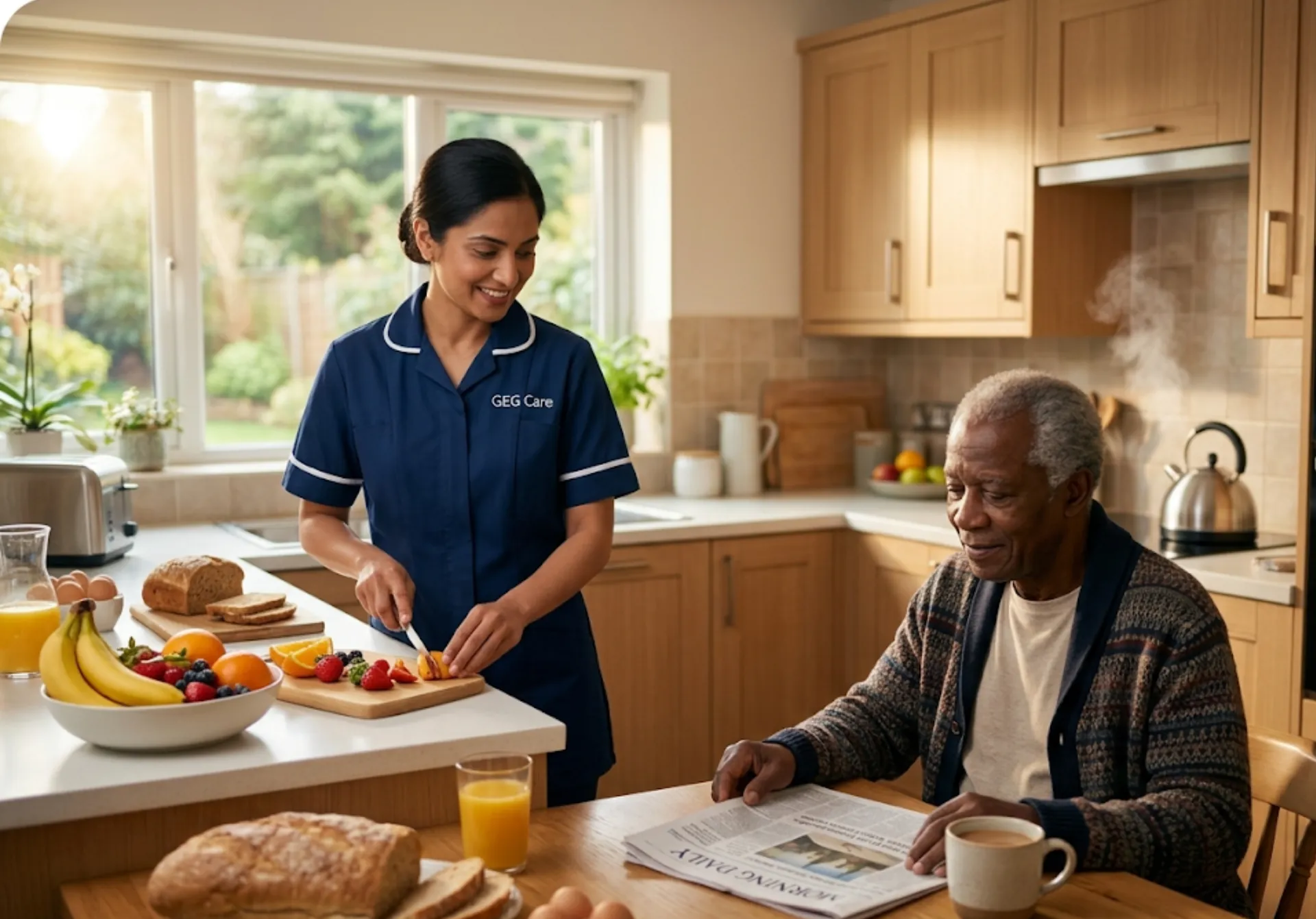 A GEG Care live-in carer preparing breakfast for an elderly client in the comfort and familiarity of their own home in Luton.