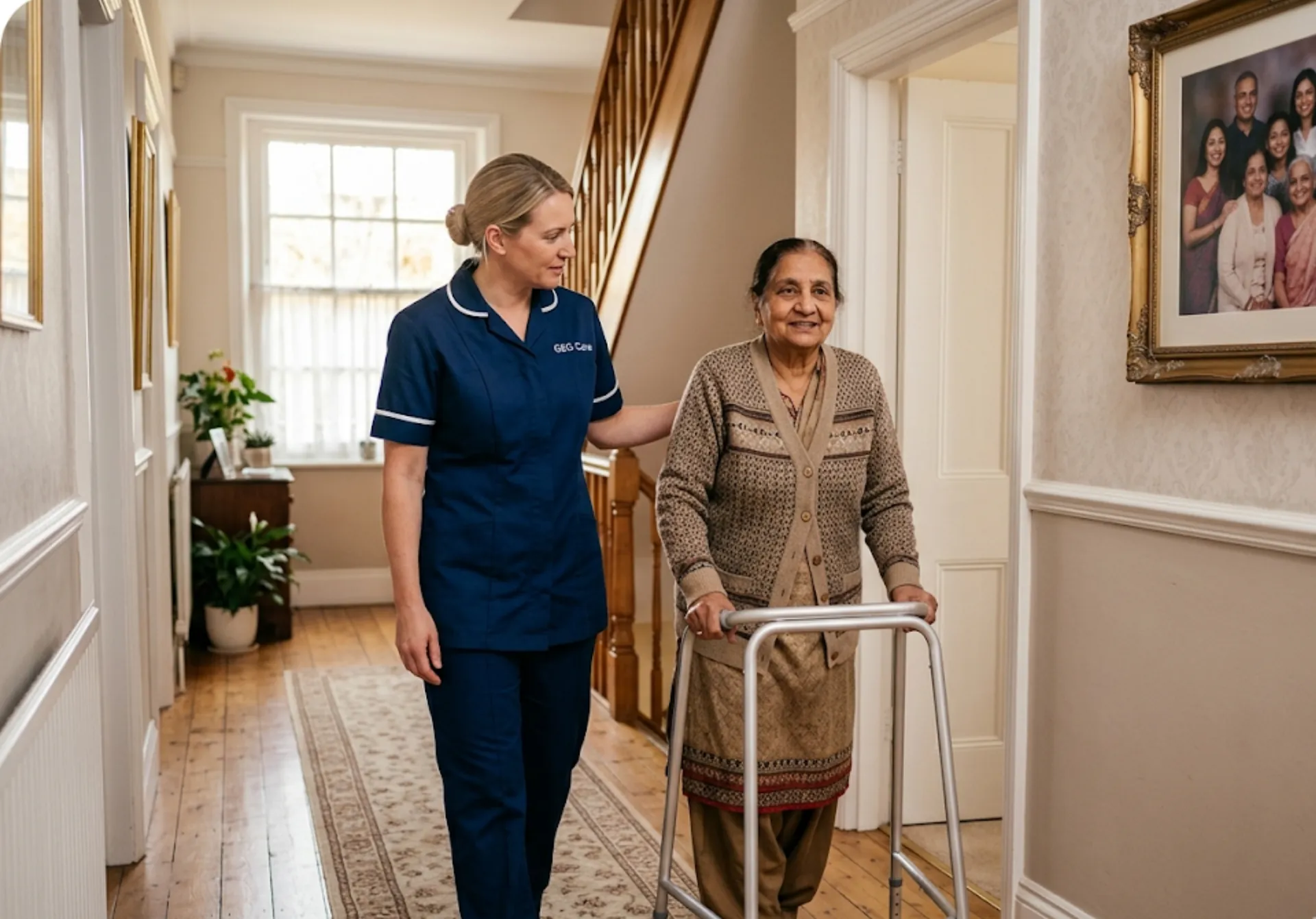 A GEG Care live-in carer providing mobility support to an elderly client in the hallway of her own home in Luton.