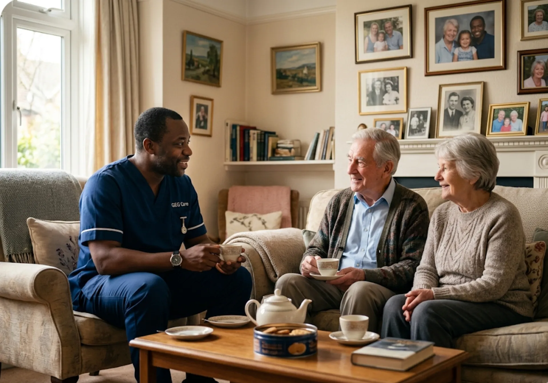 A GEG Care live-in carer sharing a warm conversation with an elderly female client in her living room in Luton.