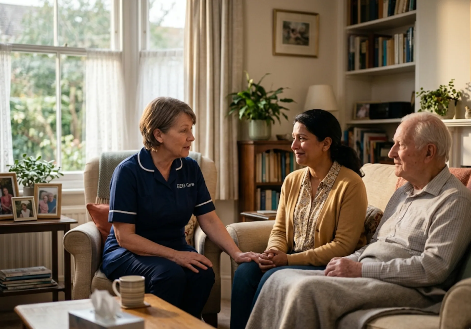 A GEG Care palliative carer speaking gently with a family in Luton, providing compassionate support and guidance through the end-of-life journey.