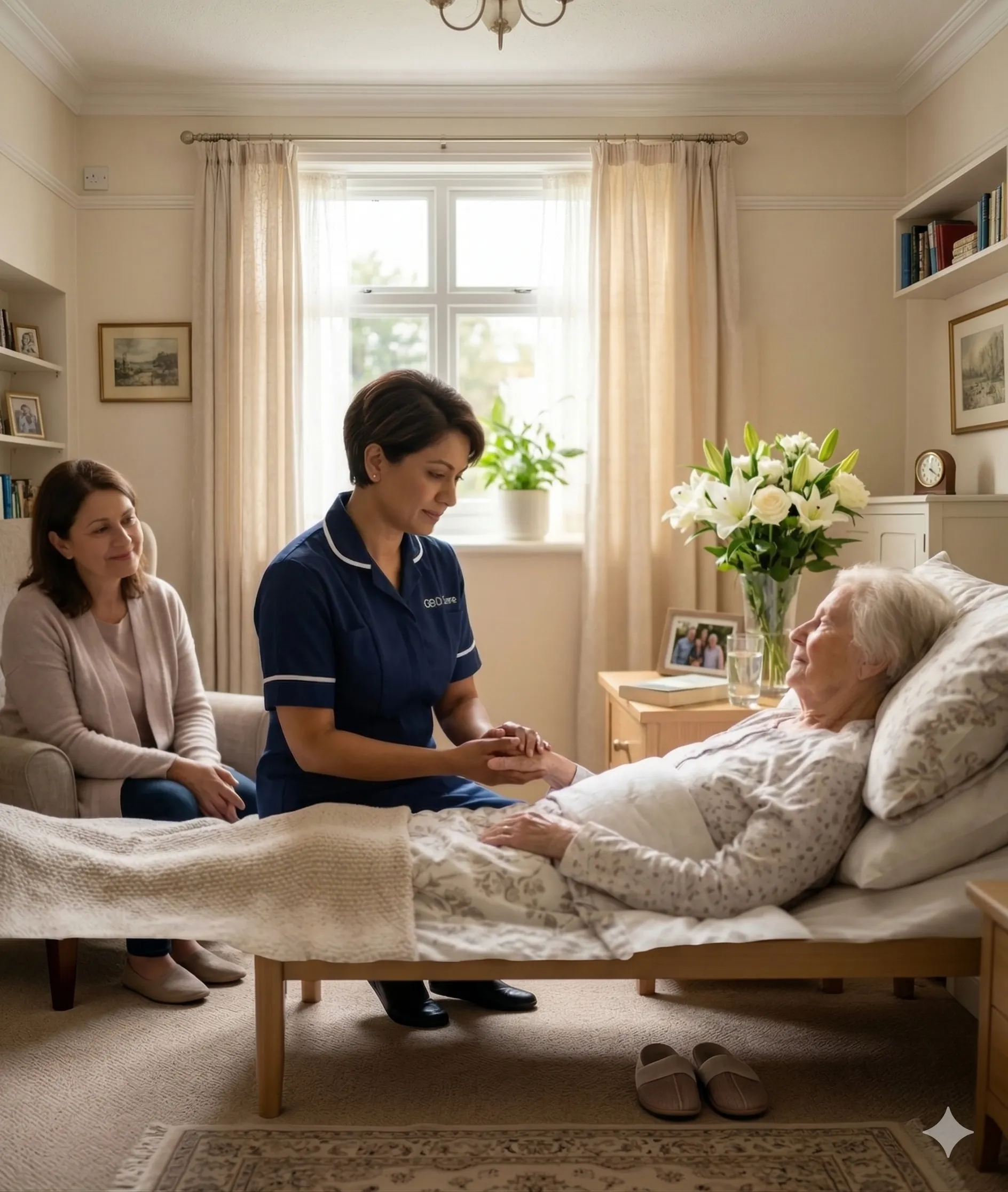 A GEG Care palliative carer providing compassionate end-of-life support to an elderly client at home in Luton, gently holding her hand with family nearby.