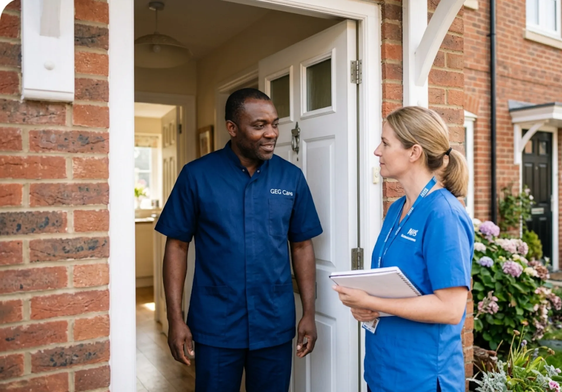 A GEG Care palliative carer coordinating with an NHS district nurse at a client's home in Luton, ensuring seamless joined-up end-of-life care.