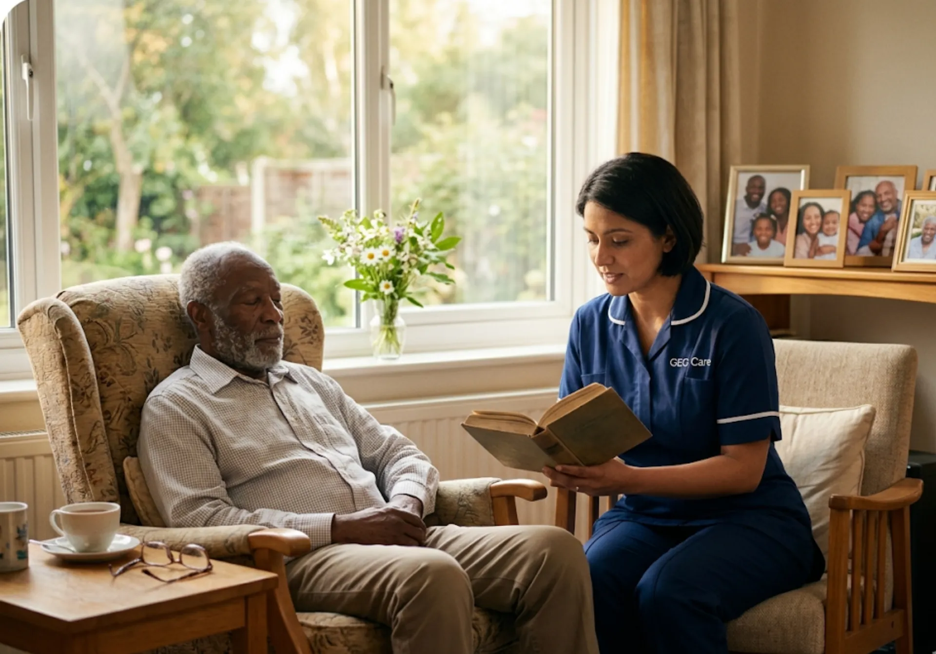 A GEG Care palliative carer reading gently to an elderly male client in his armchair at home in Luton, providing peaceful and dignified end-of-life companionship.