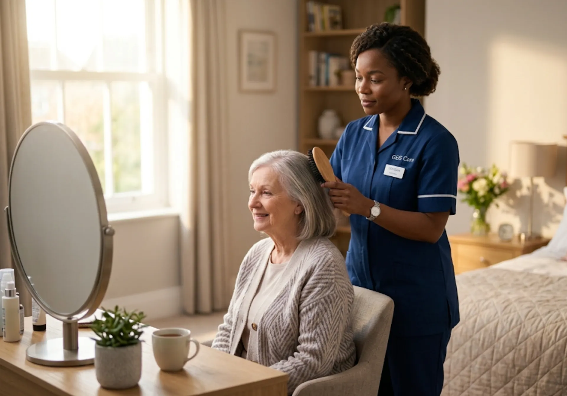 A GEG Care carer providing dignified personal care and grooming assistance to an elderly client at home in Luton during a morning visit.