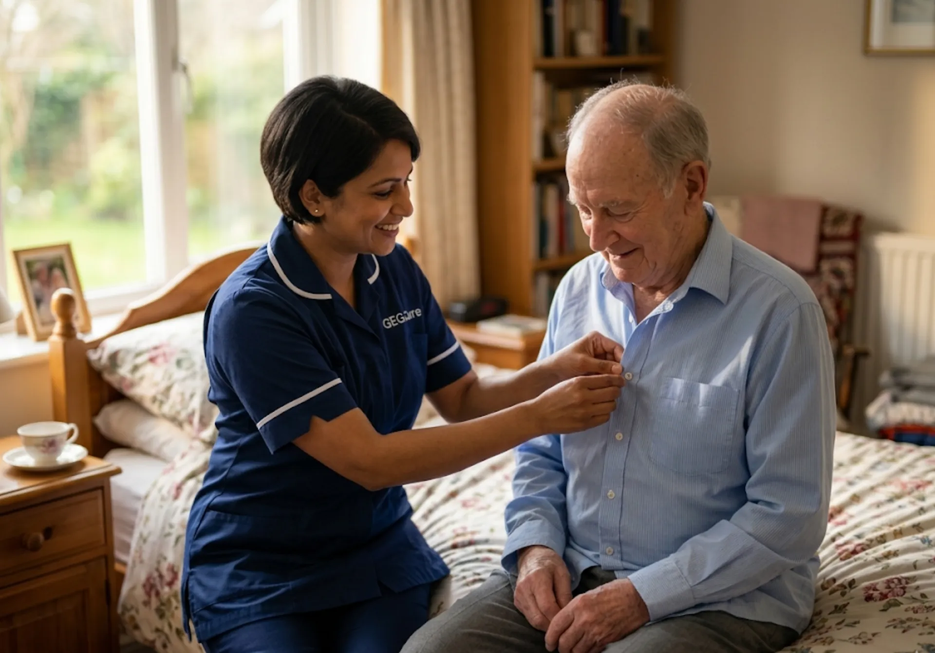 A GEG Care carer assisting an elderly male client with dressing and personal care during a morning home visit in Luton.