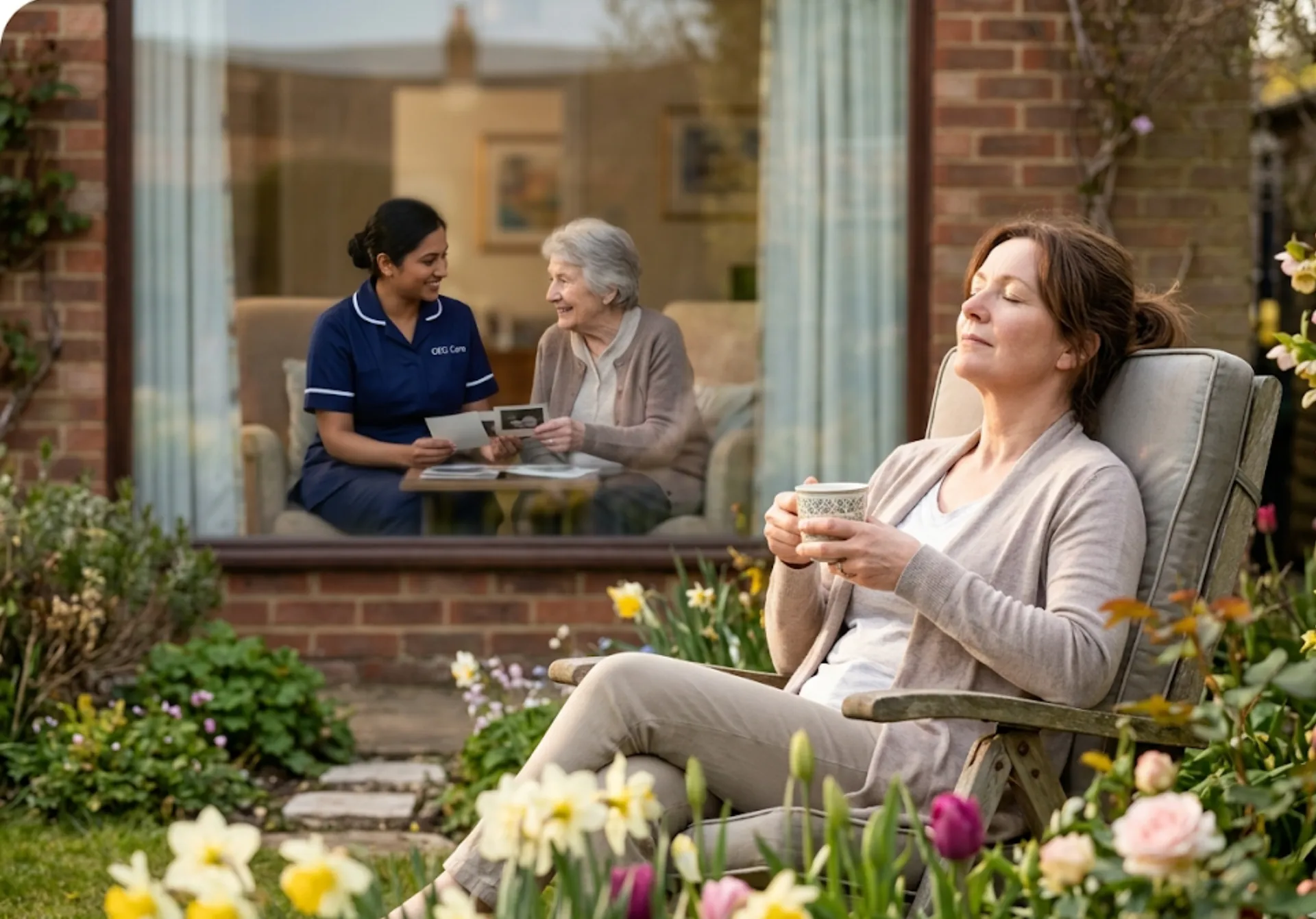 A family carer finally resting peacefully in the garden while a GEG Care respite carer attends to their loved one at home in Luton.