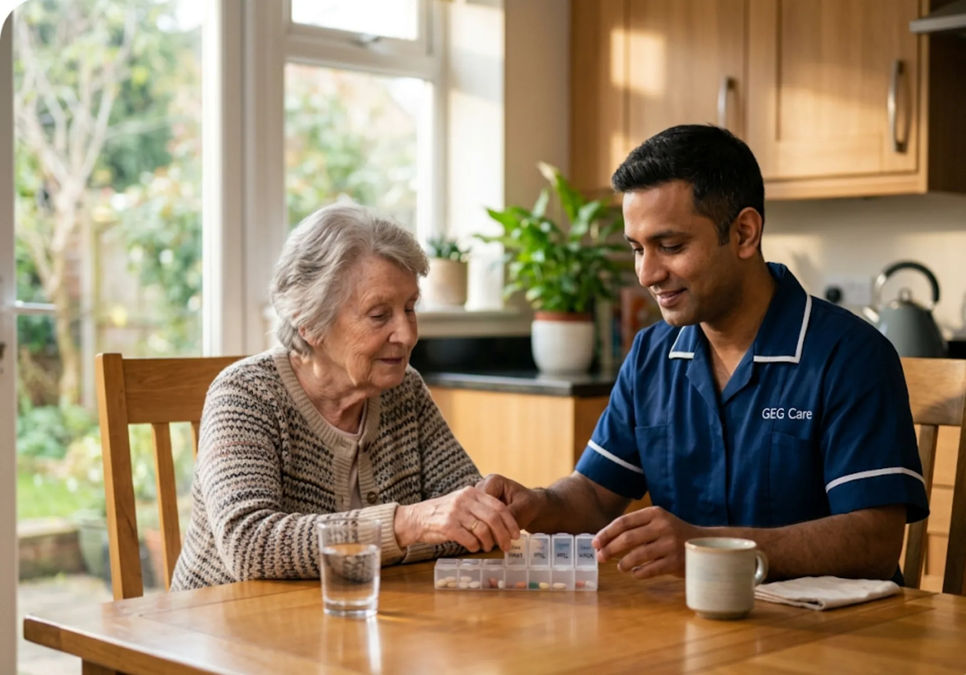 A GEG Care respite carer assisting an elderly female client with her afternoon medication at home in Luton, providing safe and professional support.